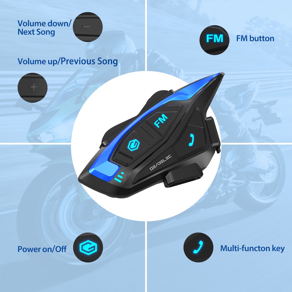 【GEARELEC】 Shark Motorcycle Bluetooth Intercom Headset 2-Rider 1000m BT5.1 dengan Sistem Komunikasi Nirkabel /Radio FM