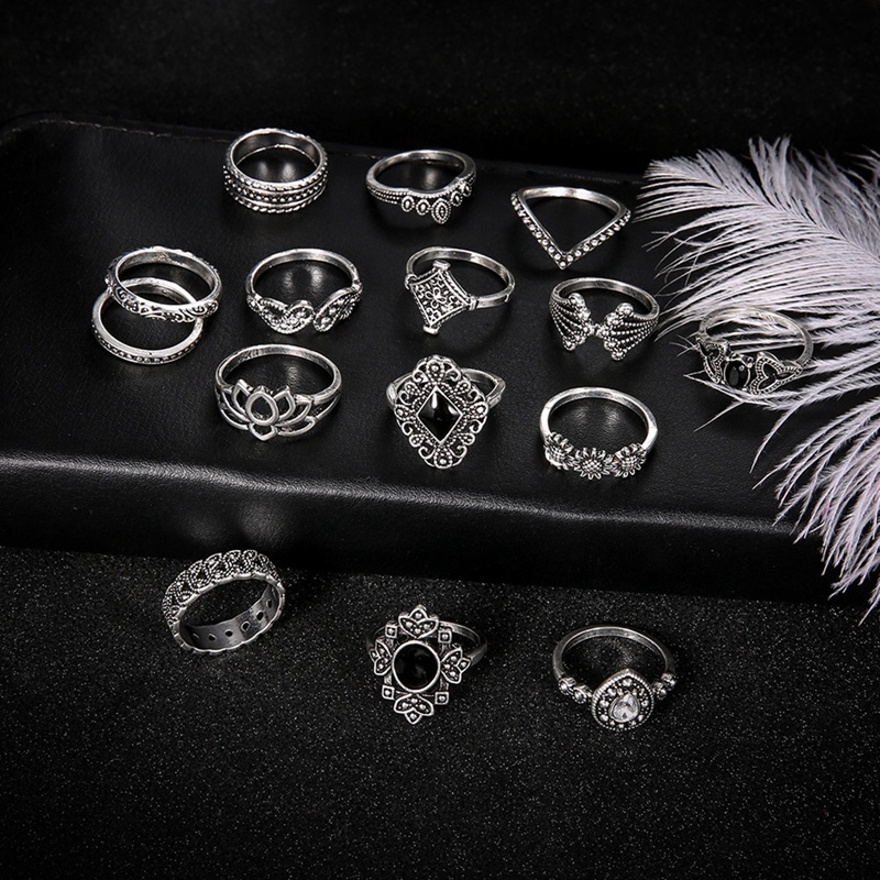 15pcs/set Cincin Untuk Anak Perempuan Hitam Set Cincin Fashion Perhiasan Gaya Bohemian Bague Pasangan Anillo Schmuck Aksesoris Untuk Wanita
