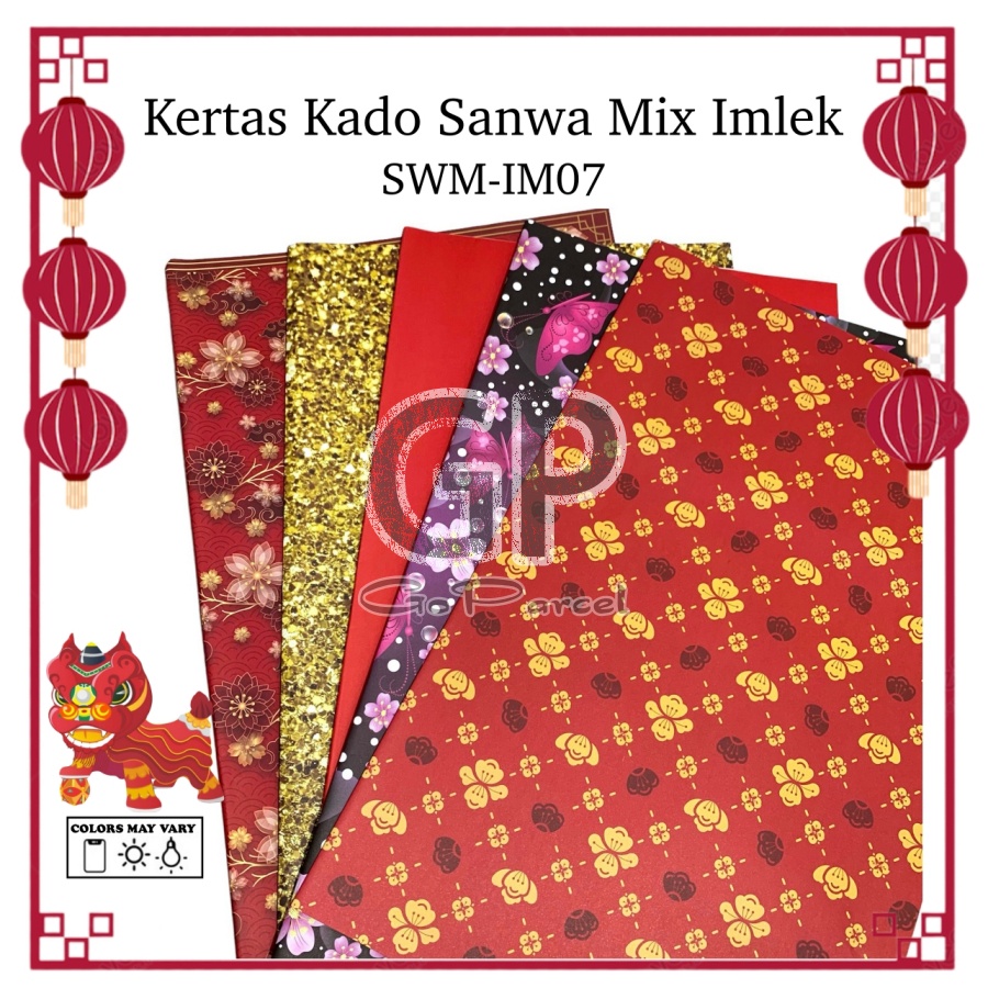 ( 5 Lembar 5 Motif ) IMLEK SANWA MIX - KERTAS KADO CHINESE NEW YEAR SANSAN WAWA - GIFT WRAPPING PAPER SINCIA TAHUN BARU IMLEK RED FLOWER MOTIF MERAH EMAS GOLD RED