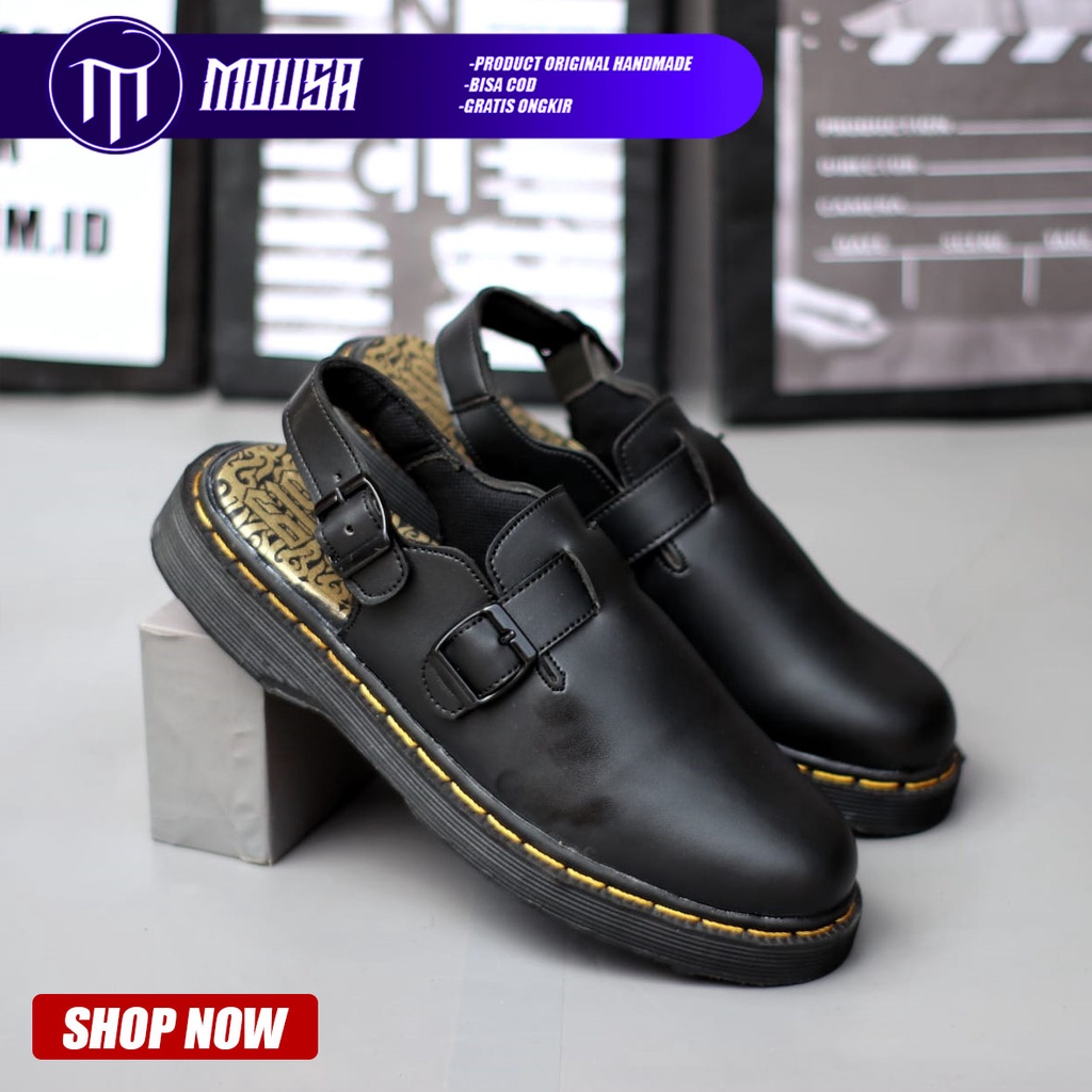 Sandal Docmart Pria Hitam Kulit Pu Nyaman Santai Mousa Yve