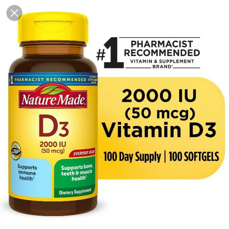 Nature Made D3 2000 IU 50mcg 100 Softgels
