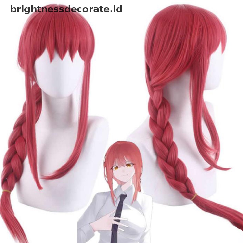 [Birth] Wanita Makima Anime Rantai Man Cosplay Panjang Braided Lurus Rambut Sintetis Halloween Merah Bermain Peran Pesta Wig Aksesoris [ID]