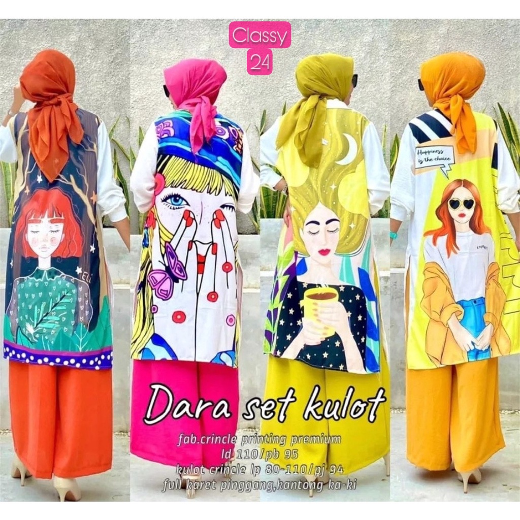 Dara Set Kulot Kemeja Long Tunik Crinkle Printing / Setelan Wanita Jumbo Ld 110 Long Tunik / Setelan