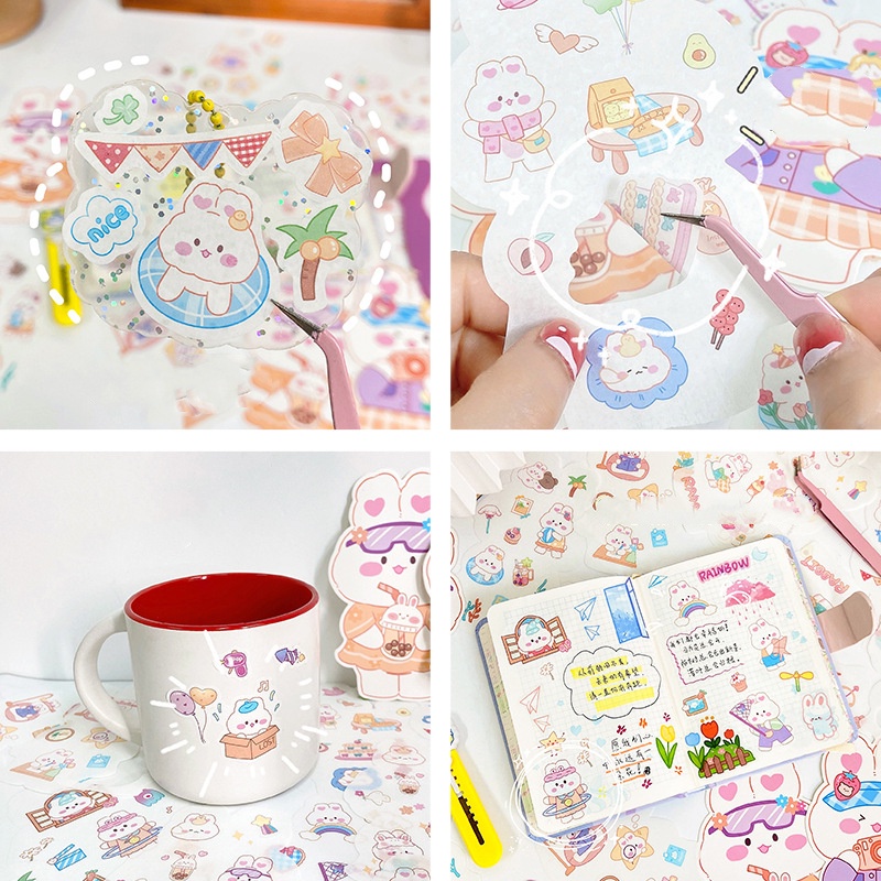 4 Pcs Kawaii Kelinci Stiker DIY Kartun Stiker Gadis Lucu Jurnal Stiker Diary Ponsel Stiker Dekorasi