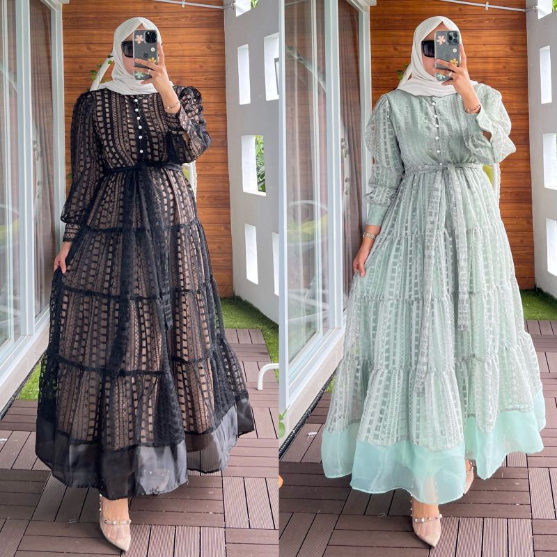 Liona Brukat Organza Dress Jumbo Ld 105/Dress Kondangan Sage/Gamis Brukat Pesta/Gamis Seragaman/Gamis Remaja