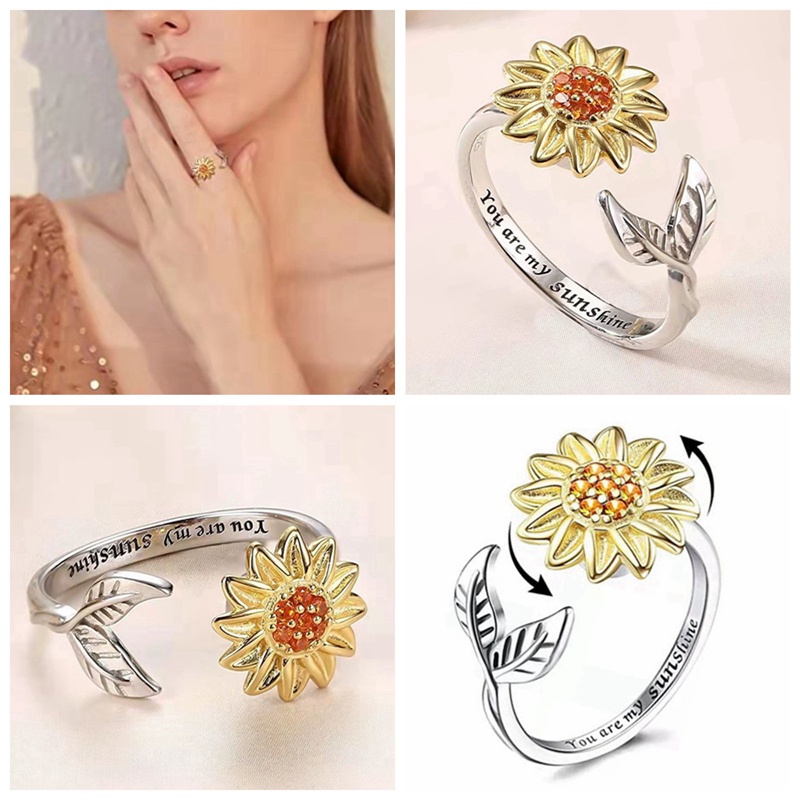 Cincin Kecemasan Untuk Wanita Spinner Fidget Ring Sunflower Ring Fidget Rings For Anxiety Relief Stress Open Adjustable Cubic Zirconia Flower Stackable Rings