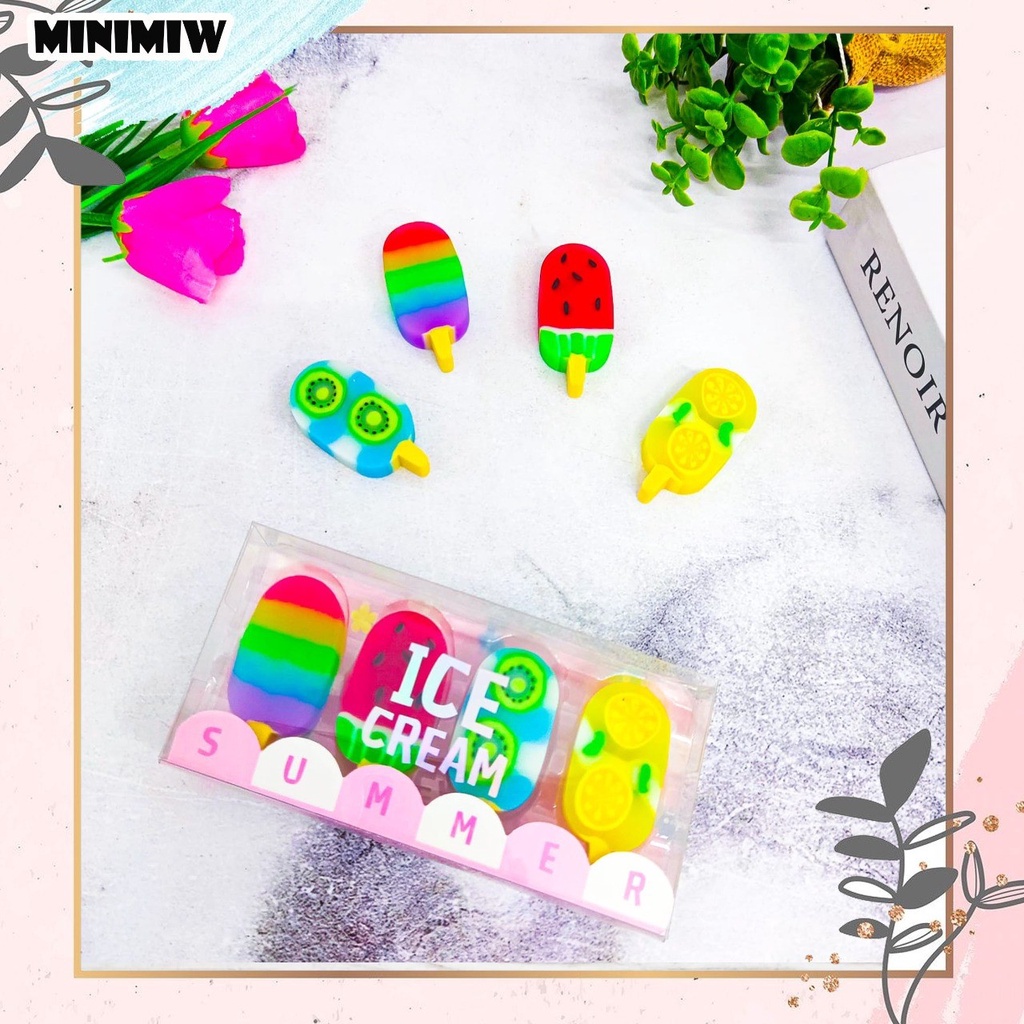 SET PENGHAPUS  STICK ES KRIM BUAH ISI 4 PCS KODE 6616 SETIP STIP ERASER MAKANAN LUCU UNIK