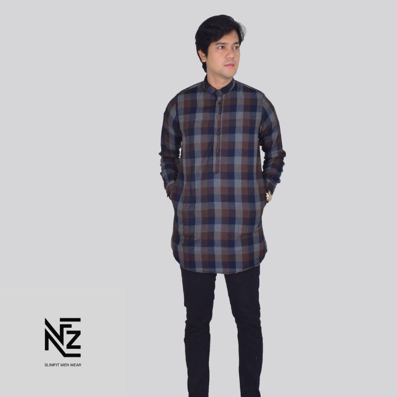 Baju koko Shanghai Flanel Pria Lengan Panjang Slimfit Kurta Pakistan