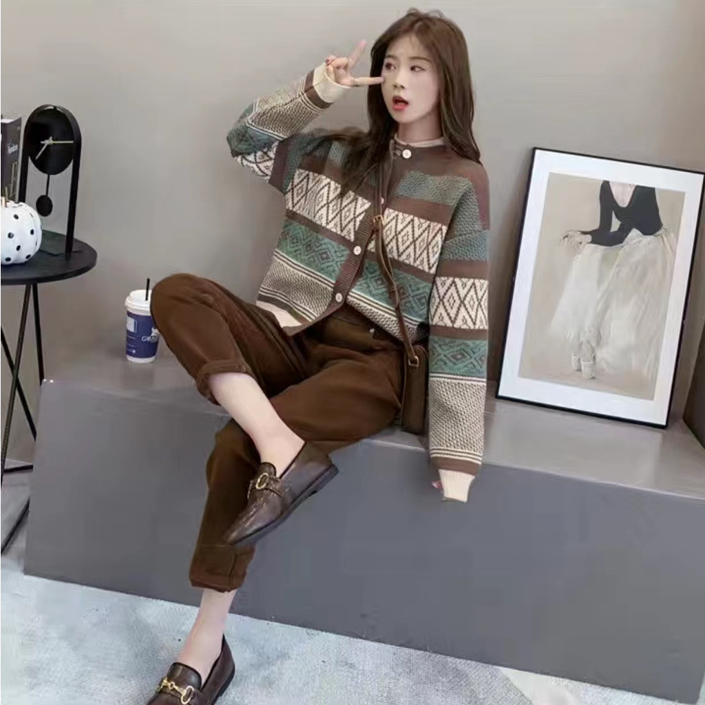 Monica Gaya Korea baru all-match lazy knit short section color matching long-sleeve knit jacket