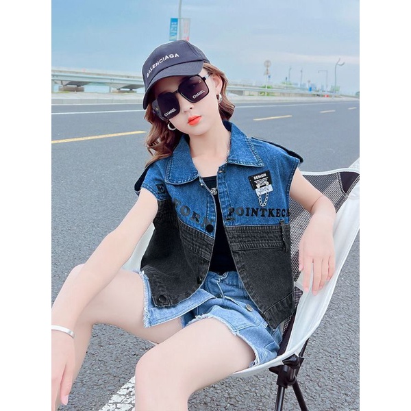 (KAYLASHOP)-Setelan anak perempuan point hailey vest Jeans blue 3in1 TERVIRAL TERKERE