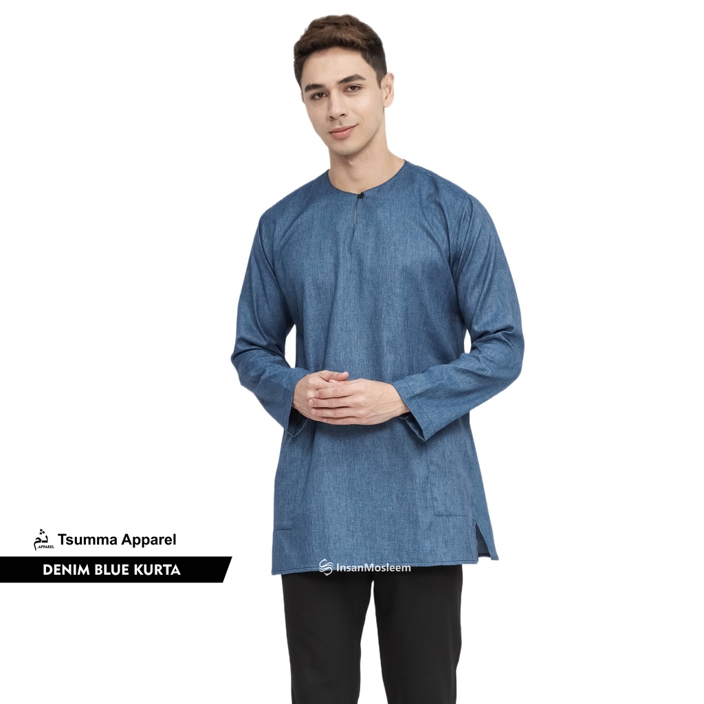 Baju Koko Kurta Pria Denim Blue - Lengan Panjang Katun Madinah Premium Best Seller