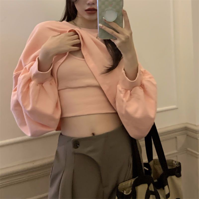 ❍♗☄Sweter pakaian wanita musim gugur pendek pullover longgar lengan panjang jaket suspender dengan bottoming kemeja merah muda atasan dua potong