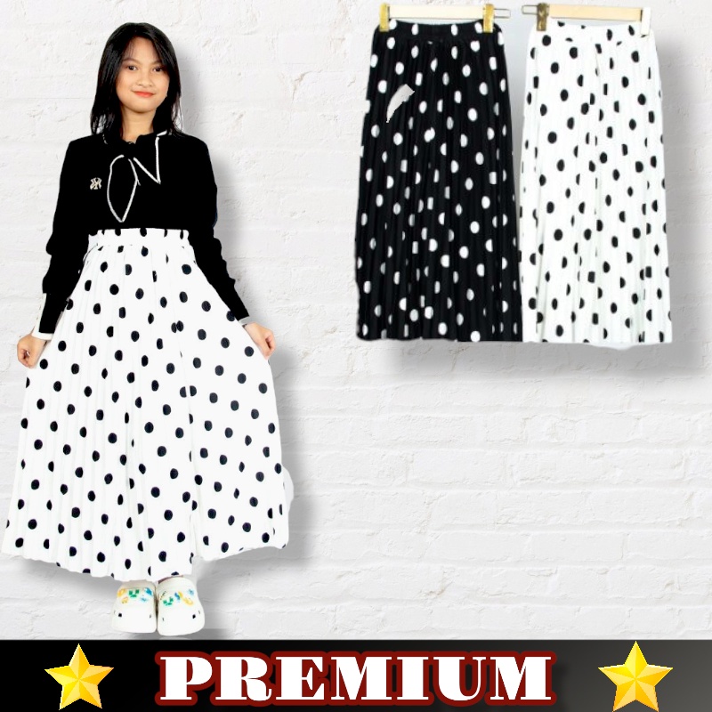 ROK PLISKET ANAK MOTIF POLKADOT HITAM/PUTIH PREMIUM 7-11 TAHUN