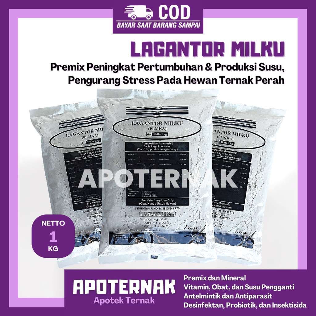 LAGANTOR MILKU | Premix Peningkat Produksi Susu &amp; Pertumbuhan, Pengurang Stress Sapi Kambing Perah 1 kg | KALBE