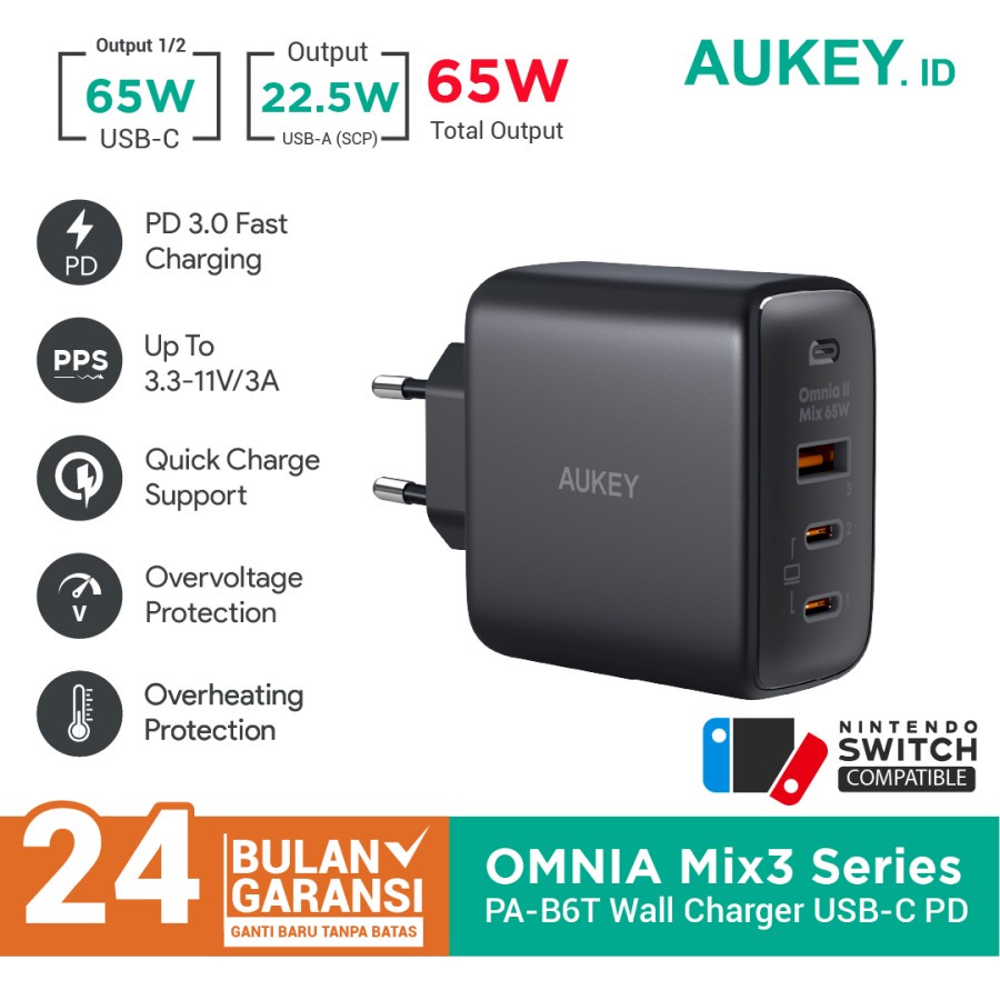 Aukey Wall Charger Omnia Mix 3 Series USB + DuaL Type C - 501540 - PA-B6T - Garansi Resmi 2 Tahun