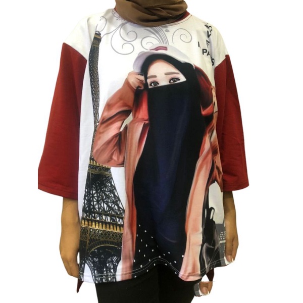 Kaos Oversize Wanita  Paris hijab Sablon Sublim