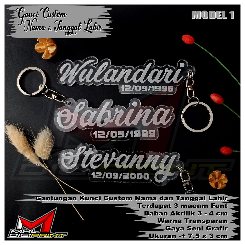GANTUNGAN KUNCI AKRILIK CUSTOM NAMA DAN TANGGAL LAHIR - GANCI CUSTOM - SEHARI JADI - TANPA MINIMAL ORDER - GANTUNGAN KUNCI AKRILIK CUSTOM