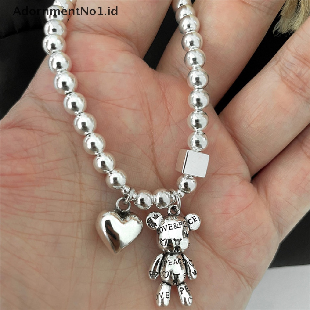 [AdornmentNo1] Gelang Punk Warna Silver Untuk Wanita String Beads Aksesoris Tren Vintage Sederhana Lucu Beruang Liontin Pesta Perhiasan Halus [ID]