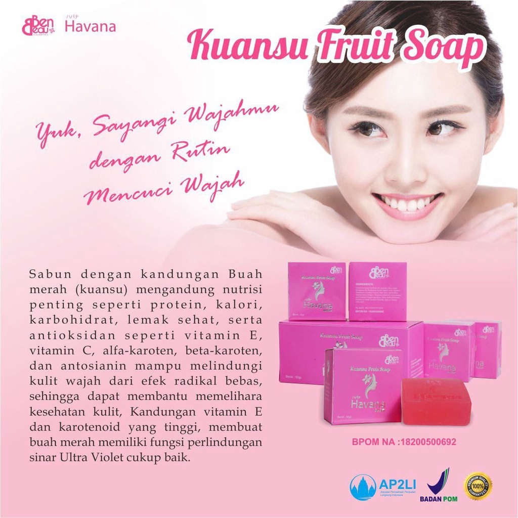 Sabun Whitening Pemutih Penghilang Jerawat Flek Noda Hitam Keriput  - Pencerah Pelembab  Kulit Wajah Muka Kolagen Niacinamide Buah Kuansu Havana Glow Kuansu Fruit Soap BPOM