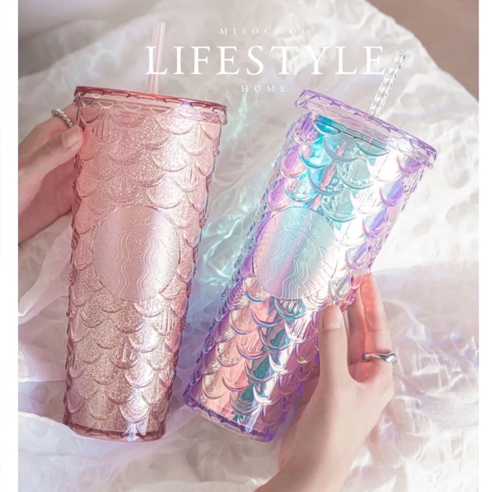 710ml Starbucks Tumbler Fish Scale Straw Cups Starbucks Mermaid Pink/Purple Cold Cup Tumbler Starbucks Botol minum