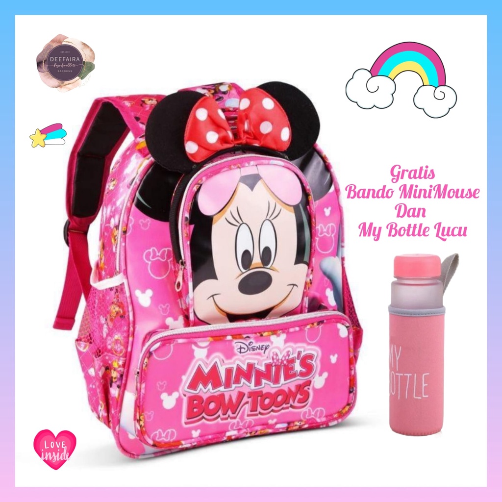 Tas Ransel Anak Perempuan Motif M1n1m00se Gratis Bando Telinga Lucu &amp; My B0ttle Untuk Tk &amp; Sd