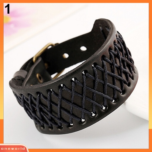 {oneworld} Gelang Kulit Kepang Lebar Gaya Punk Pria Wanita Bangle Retro Gelang Cuff Bracelet
