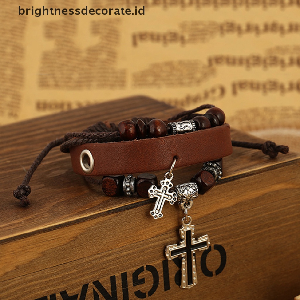 [Birth] Panas Bergaya Imitasi Kulit Punk Gelang Bangle Salib Liontin Bungkus Gelang [ID]
