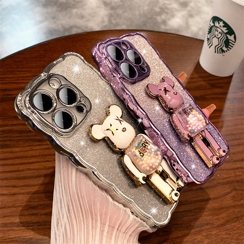 Luxury fun cartoon bear stand case iphone 14 pro max case iphone 13 12 11 pro max xs max XR 7plus/8plus premium aesthetic flashing fully enclosed shockproof TPU shockproof protection soft case