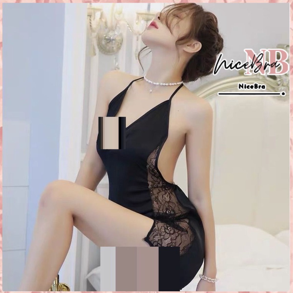 Nicebra Lingerie Baju Tidur Sexi Bahan Satin / Lingerie Bretel Renda Desain Celah 3083