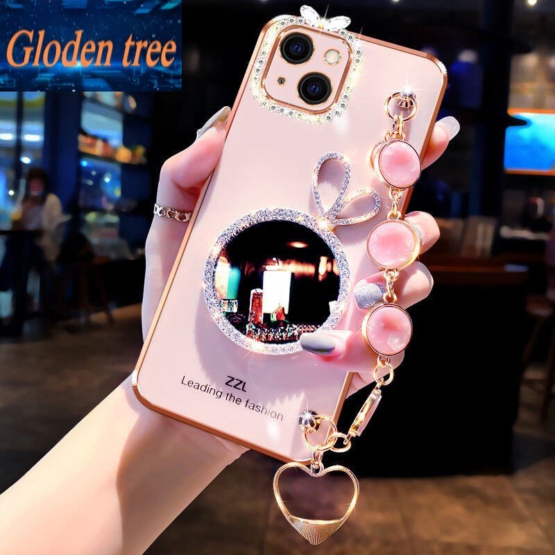 IPHONE Gloden tree Phone Case Untuk Iphone6 6Plus 7ipse 2020 7Plus X XR XSMAX 12 12Pro Kelinci vanity mirror Perhiasan Gelang, Bingkai Foto Dengan Berlian