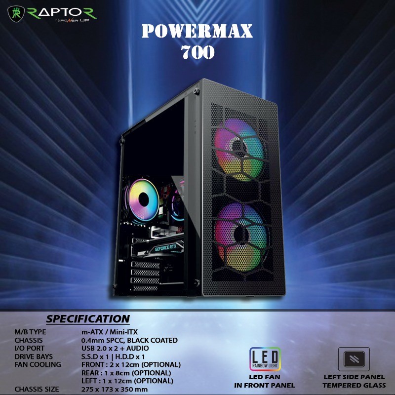 Casing Raptor Powermax CPM700 Include PSU 500W +2 FAN RGB