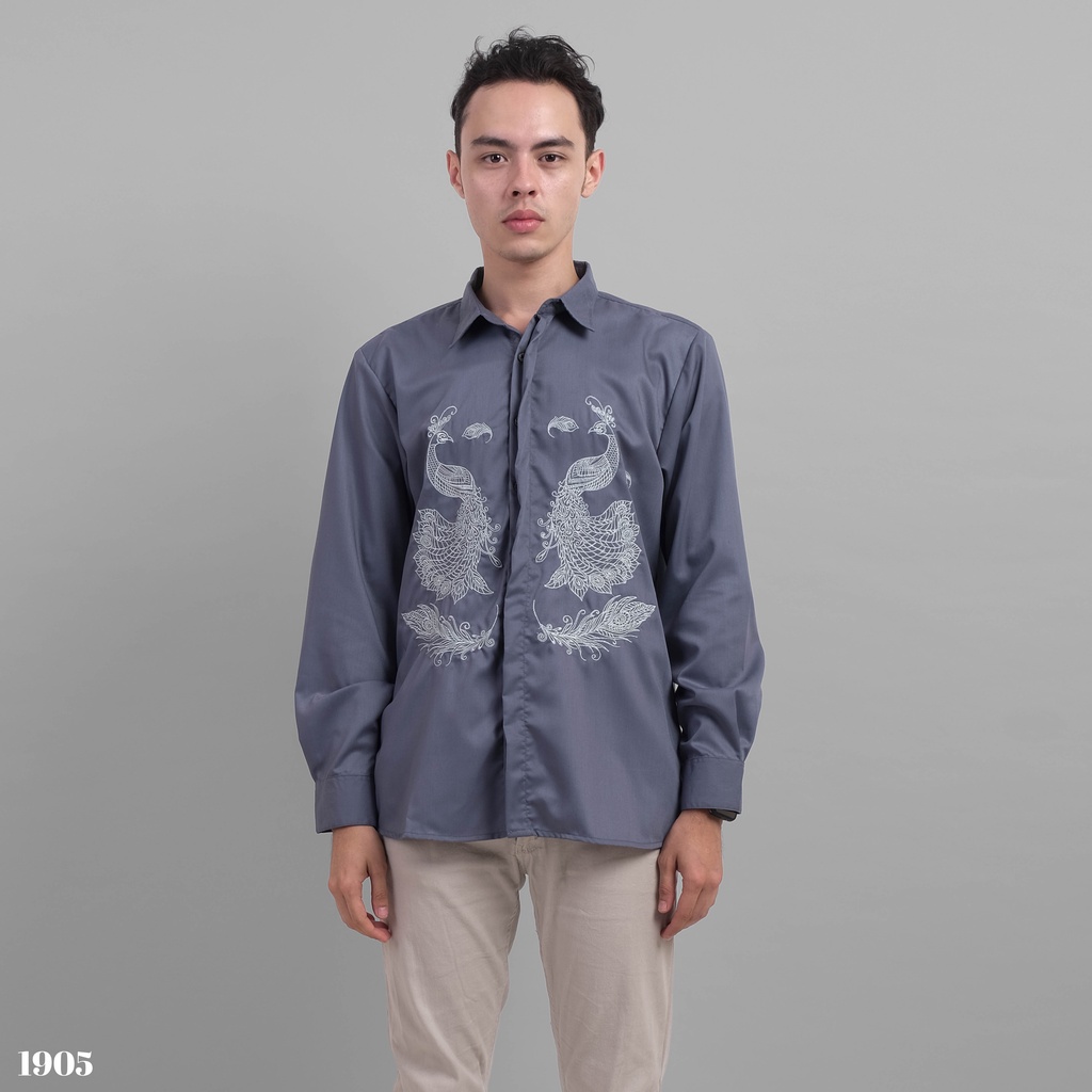 DGM Kemeja Pria Lengan Panjang Premium Grey Toyobo Bordir Naga 1905