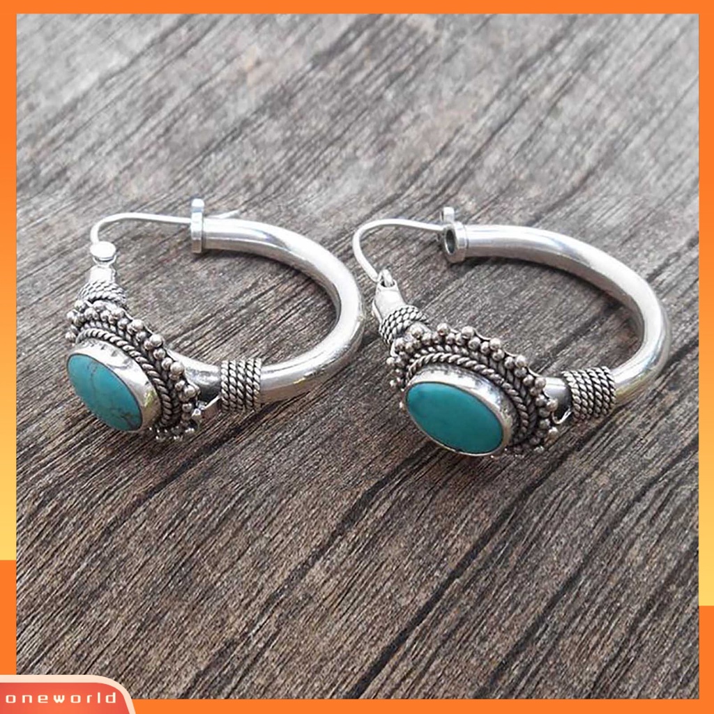 {oneworld} 1pasang Anting Hoop Tindik Oval Ukir Unik Biru Turquoise Bohemia Retro Earrings Perhiasan Aksesoris