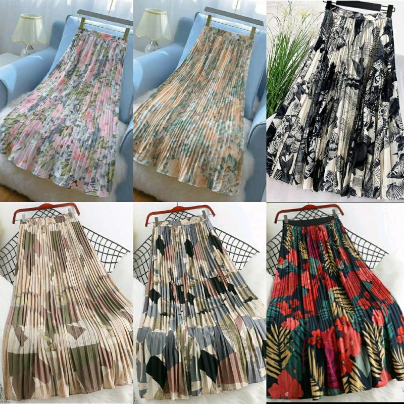ROK PLISKET PANJANG / Rok Plisket Impor / Motif Bunga Abstrak / Rok Pastel / Import Skirt / Korean M