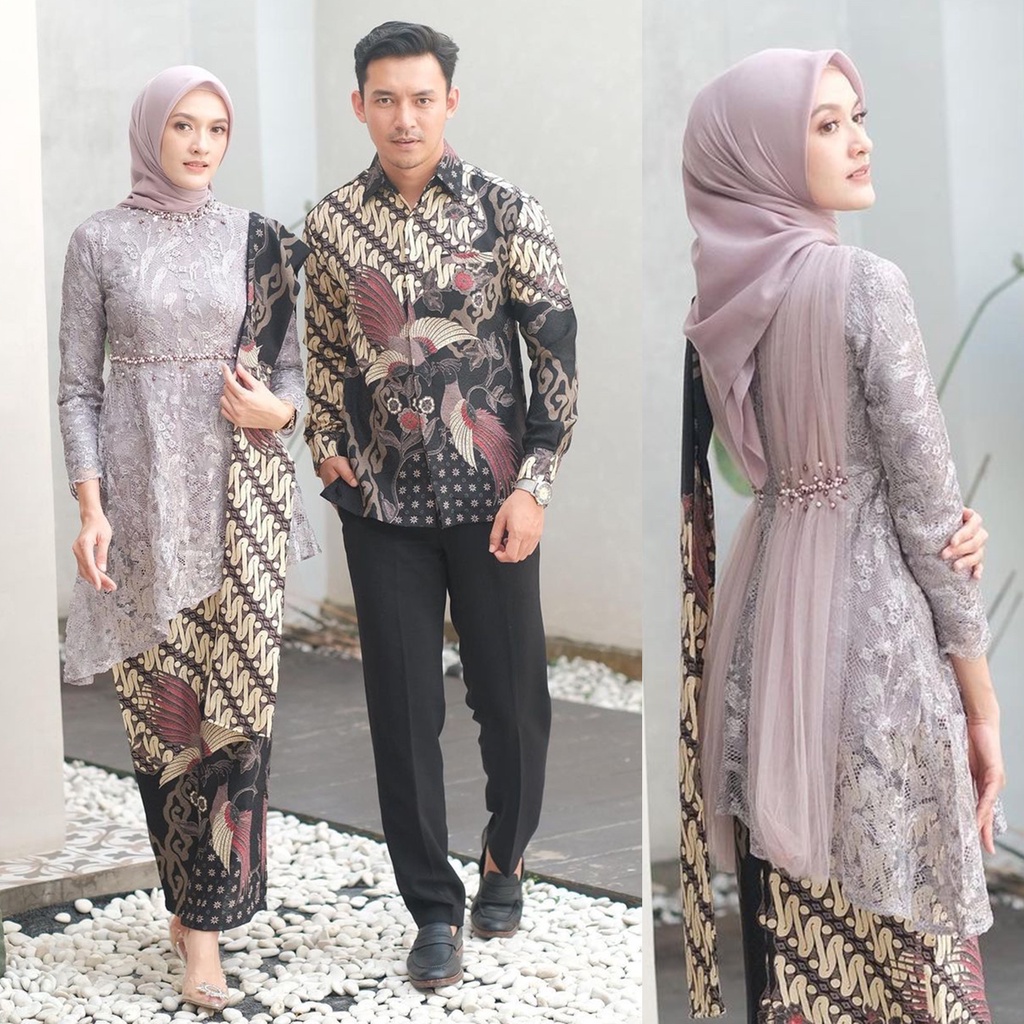 SOLO BATIK - Kebaya Batik Couple Modern Hanna Brokat Tulle Mix Payet Premium Allsize Kemeja Pria Lengan Panjang Size M, L, XL