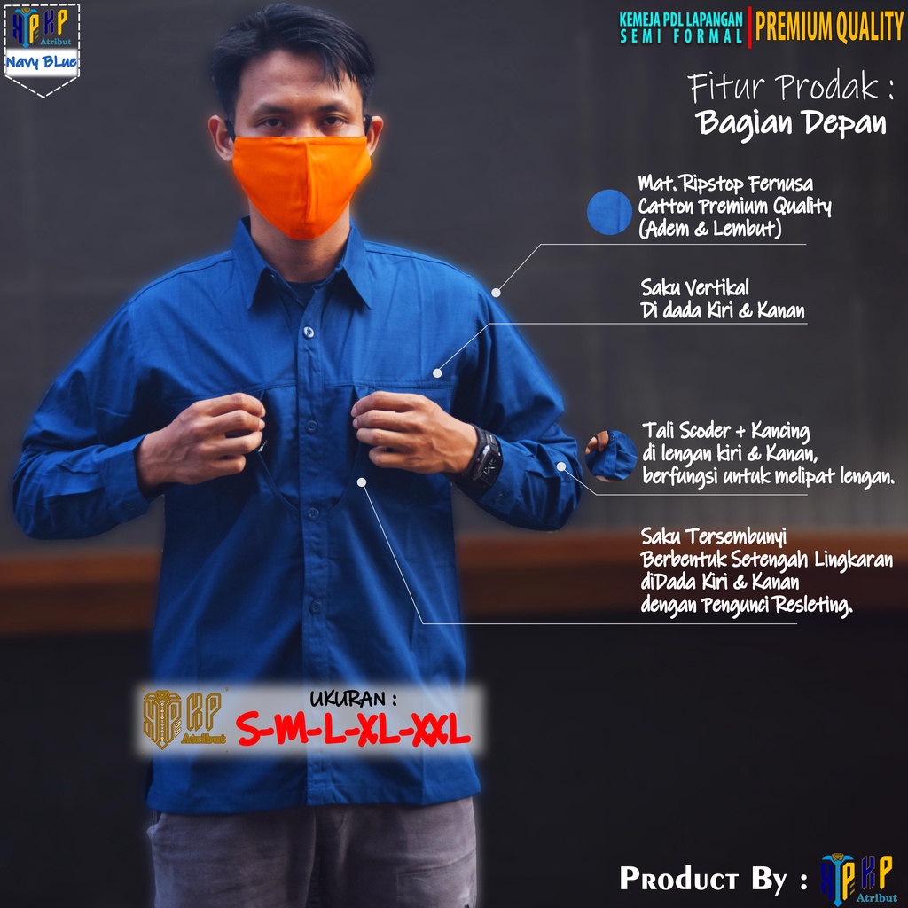 KEMEJA KERJA SEMI FORMAL Warna NAVY BLUE | KEMEJA LAPANGAN PDH/PDL LENGAN PANJANG