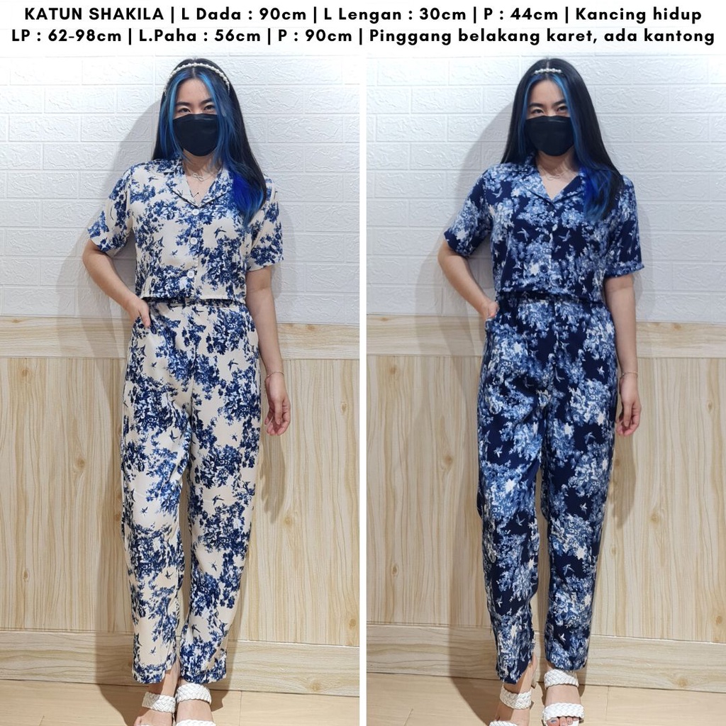 4737 sagarie floral button long pants one set celana