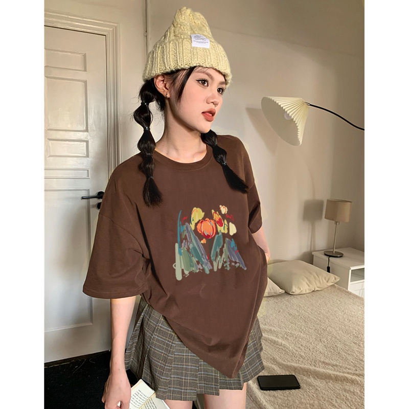 Vintage Kaos Lengan Pendek Cream Atasan Wanita Oversize Flower Printed T-shirt Kekinian Korean Style/atasan wanita terbaru
