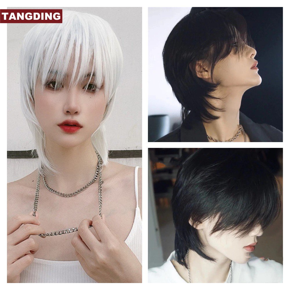 [COD Tangding] Korea Alami Pendek Berbulu Penuh Wig Pria Y2K Mullet Kepala Sopak Wig Aksesoris