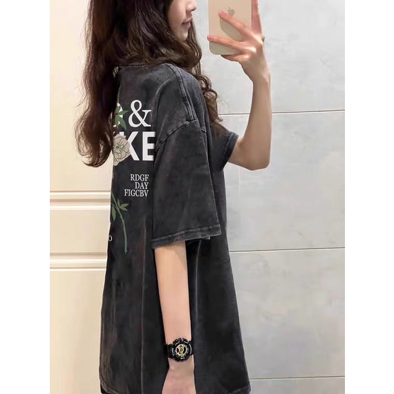 Kaos oversize hitam oversize lengan pendek Flower and Letter  Cartoon washed baju wanita  graphic print T-shirt/oversize tshirt/kaos hitam oversize wanita