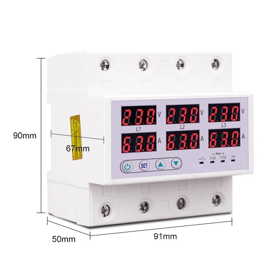 3 Phase 380V 3-63A Din rail Voltmeter Ammeter Adjustable Over and Under Voltage Current Limit Protection Monitor Relays Protector