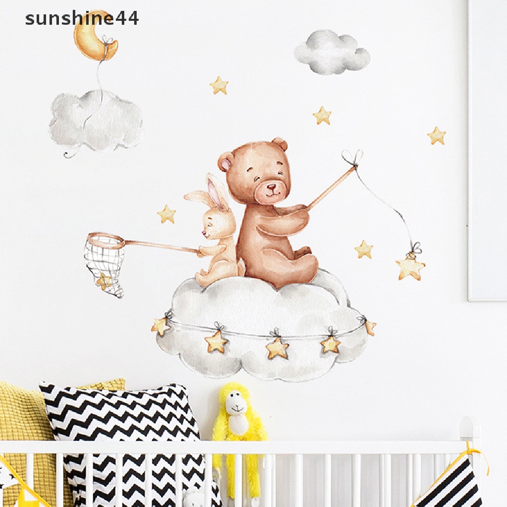 Stiker Dinding Motif Bulan Bintang Sunshine Bear Bunny Baby Kids Kamar Wallpaper Dekorasi Rumah.