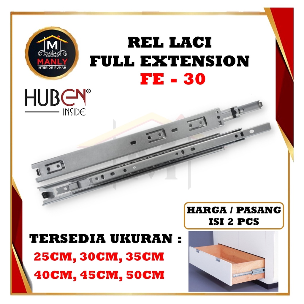 Rel Laci Double Track Huben FE 30 mm Ball Bearring Full Extention 25cm 30cm 35cm 40cm 45cm 50cm