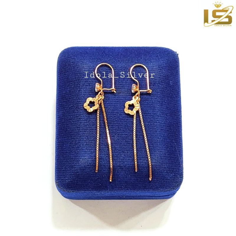Anting Perak Asli Silver Wanita Dewasa 925 Lapis Emas Asli Rantai Itali Daubel Bunga Ukir - Perhiasan