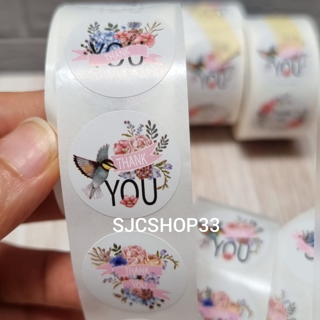 

1 roll isi 500 pcs sticker label thank you flower bird set 2,5cm