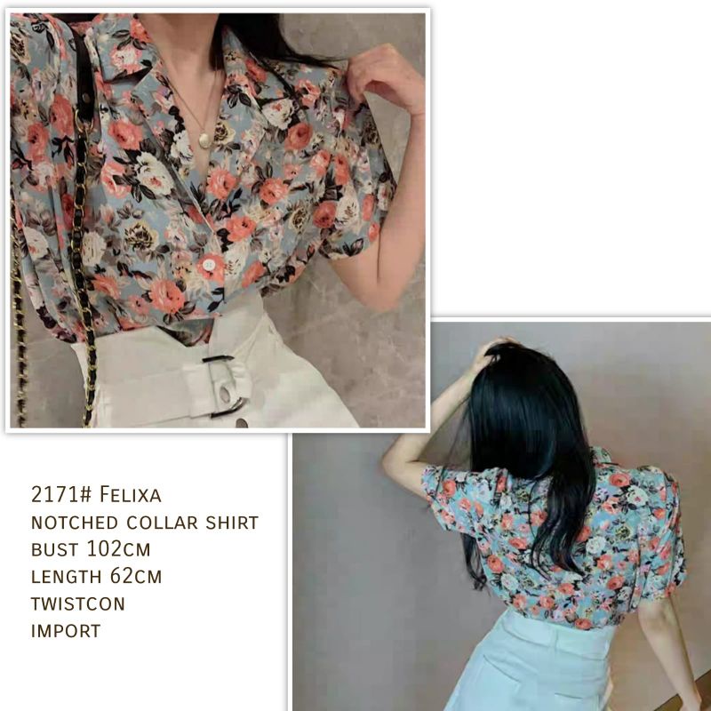 MDLV ~ 2171# Felixa Notched Collar Shirt Blouse Kemeja Gray Flower import