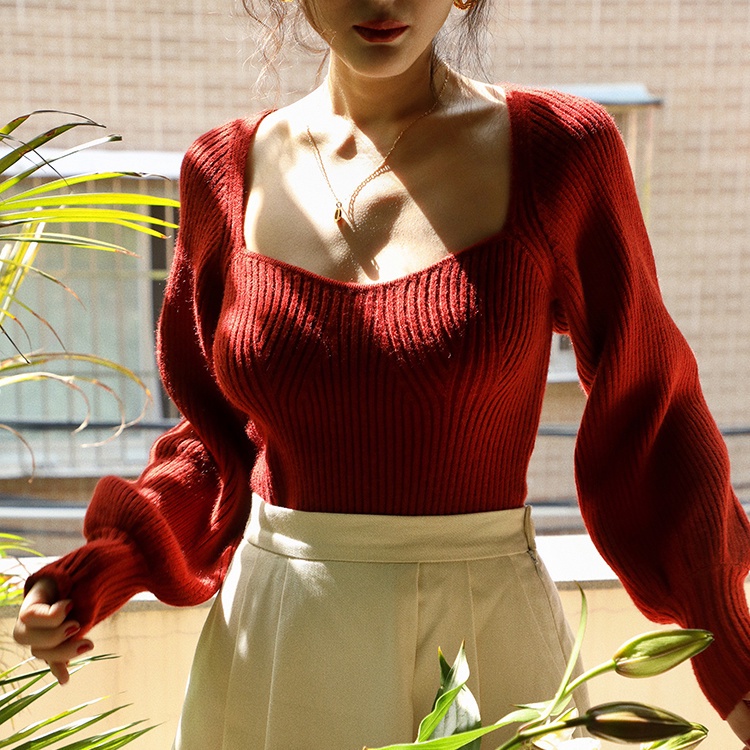 Red MICAILIN retro square collar sweater sweater wanita musim gugur dan musim dingin baru slim fit dan tipis top pendek rasa desain