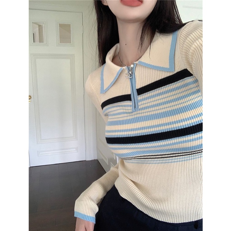 YIU YIU Rajut - Baju Rajut Wanita Lengan Panjang Stripe Sweater Wanita Korea