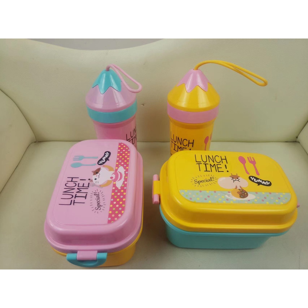 (COD)kotak set tempat makan lunch Box bekal anak souvenir ultah plus botol minum