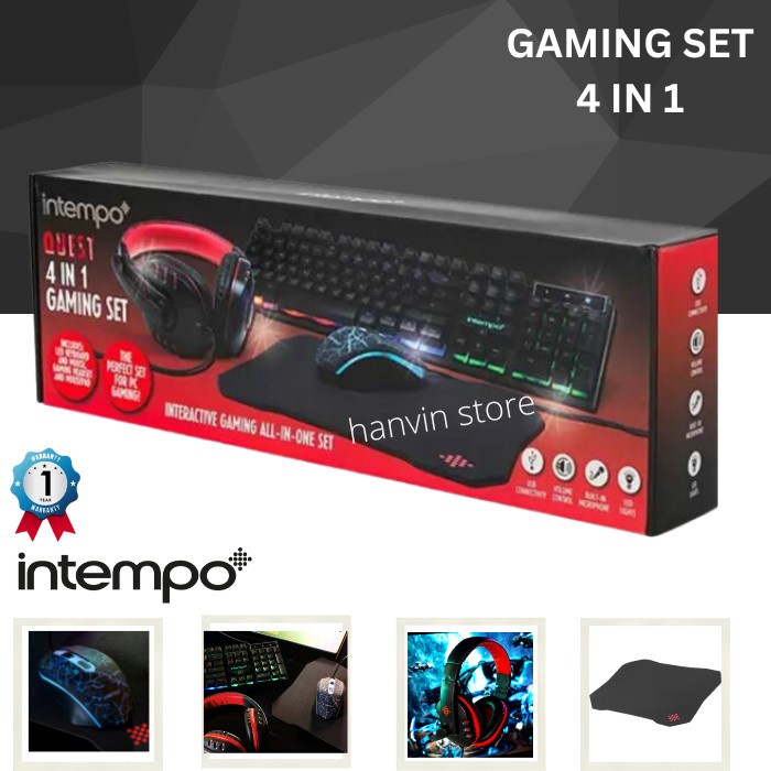 GAMING Set Combo Quest 4 in 1 INTEMPO, TERDIRI DARI KEYBOARD, MOUSE, HEADSET DAN MOUSEPAD GAMING